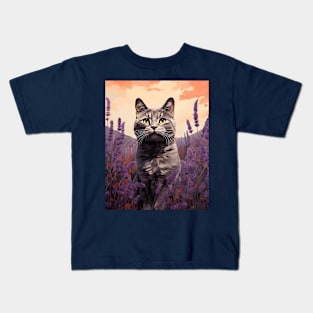 Feline Garden Delight: Retro Vintage Cat Lavender Florals Kids T-Shirt